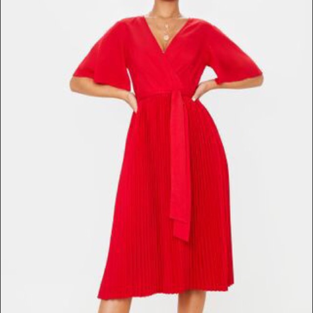 Red Pleated Midi Dress